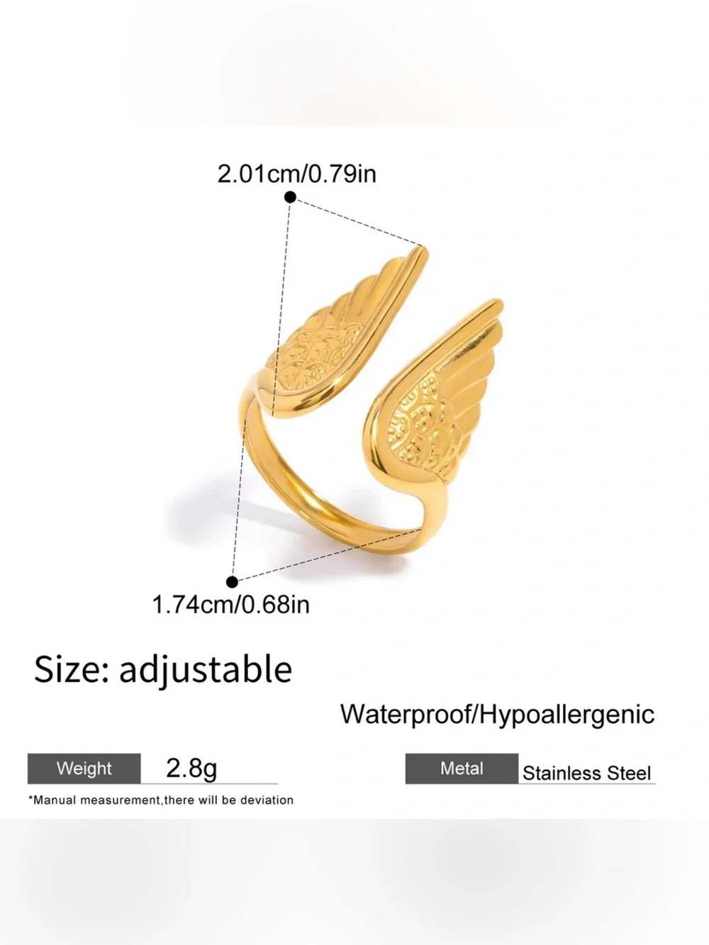 Vintage 18K Gold-Plated Stainless Steel Angel Wings Adjustable Hypoallergenic